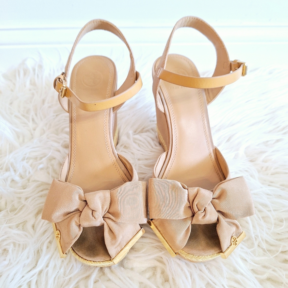 Tory Burch Beige Canvas Espadrille Wedge Ankle Strap Sandals - 9.5 - Picture 3 of 11